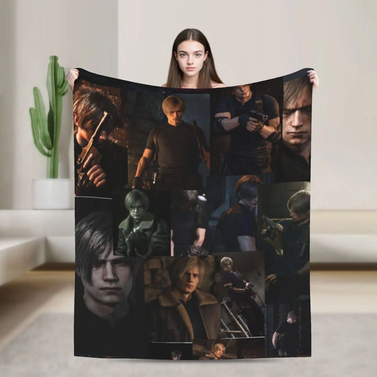A dark graphic throw blanket featuring a collage of intense male characters from various media.
