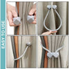 Close-up images showing magnetic curtain tiebacks in various shades of gray and beige, demonstrating how to use the clips.