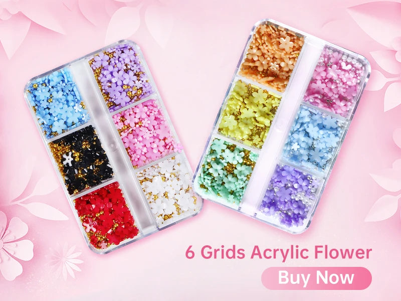 Six grids of acrylic flower glitter in various colors displayed on a pink background.