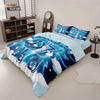 A set of three funny printed duvet covers featuring blue and white designs displayed on a bed.