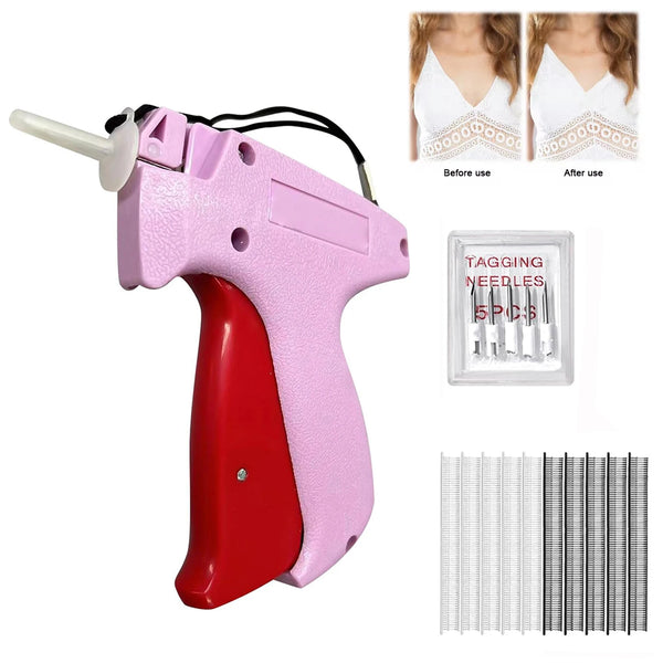 A pink and red fabric fixer tool with needles and a set of sewing pins is shown.