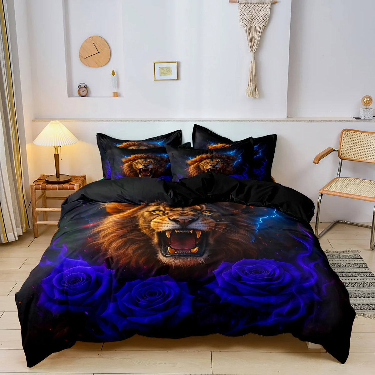 A dark bedding set featuring a realistic print of a roaring lion's head surrounded by blue roses.