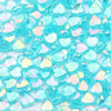 A close-up of a 100-pack of clear, iridescent blue acrylic heart beads for jewelry making.
