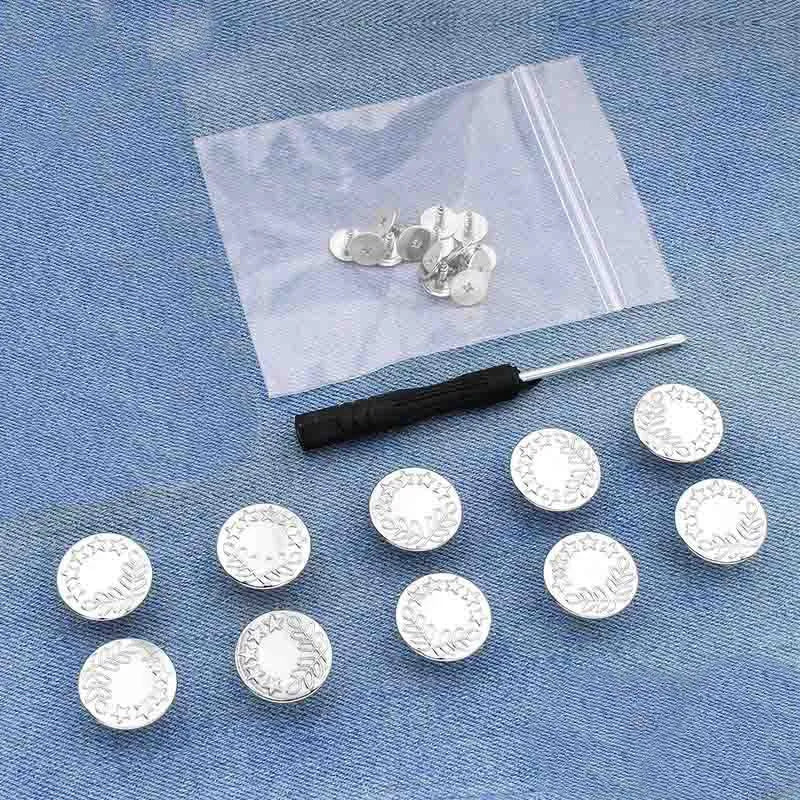 Silver metal button pins are displayed on a translucent bag with a black tool.