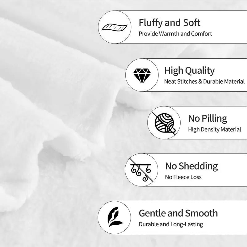 A white throw blanket with various quality features listed, showing its fluffy texture.