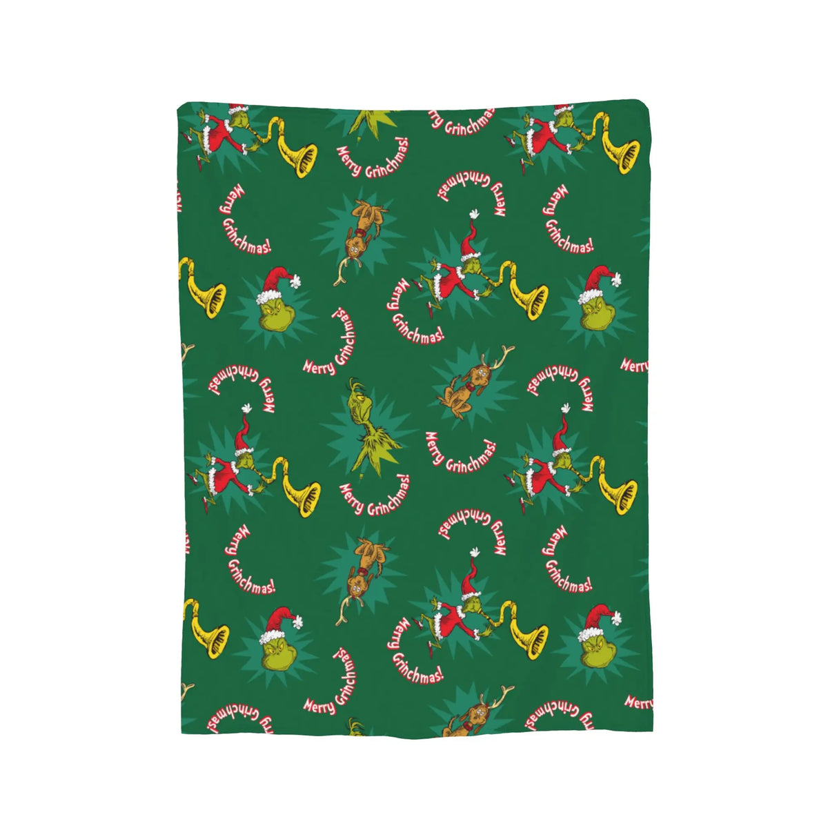 A green throw blanket featuring repeating Christmas-themed patterns with reindeer and bells.