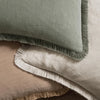 A close-up of a linen fringe throw pillow cover in sage green and beige tones.