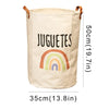A beige fabric storage basket with a rainbow design, measuring 50cm high and 35cm wide.