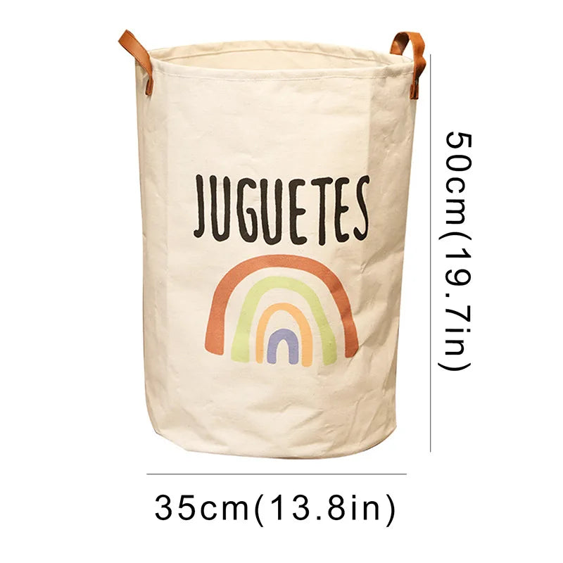 A beige fabric storage basket with a rainbow design, measuring 50cm high and 35cm wide.