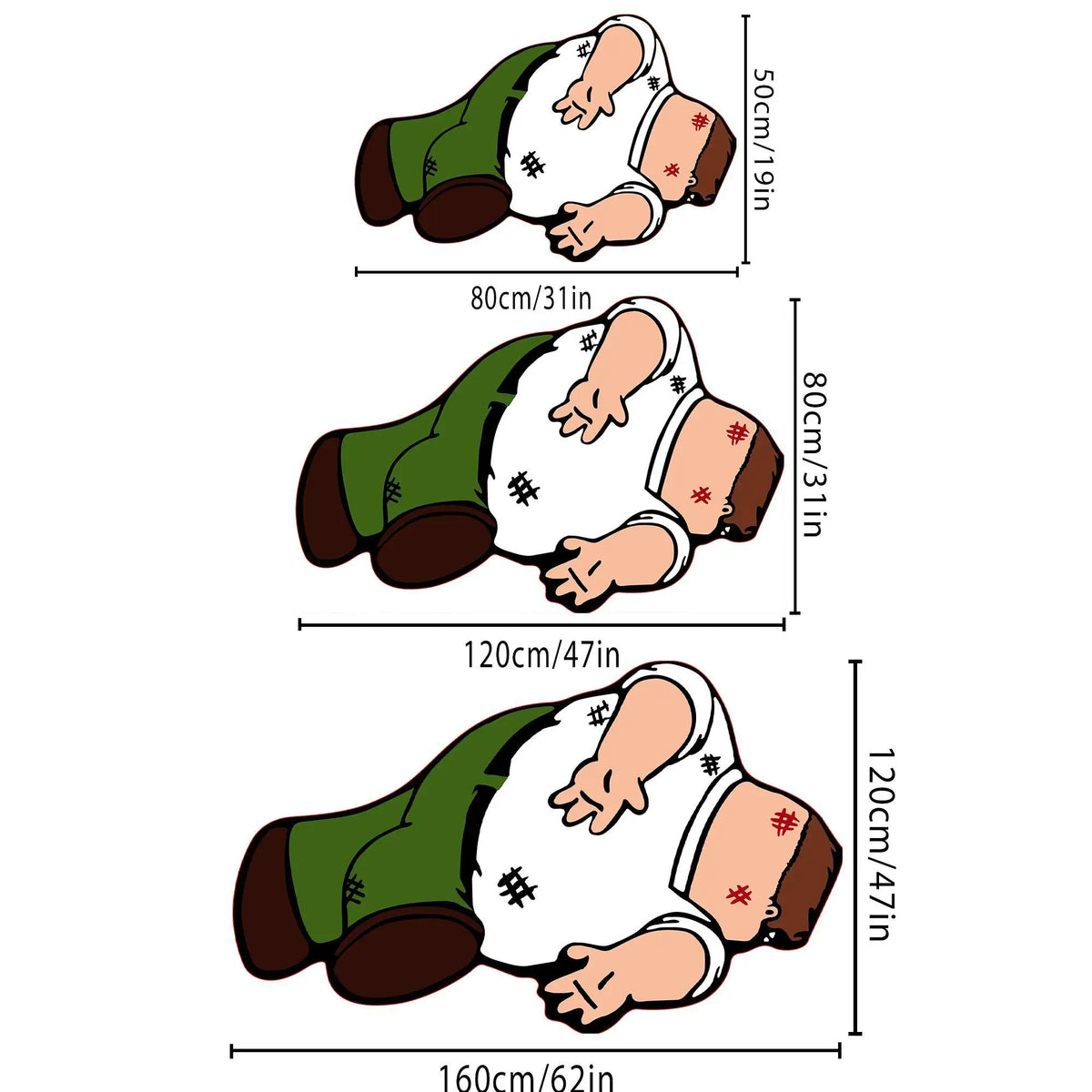 A cartoon-themed soft area rug shown in three sizes, demonstrating the dimensions of 50cm/19in, 80cm/31in, and 120cm/47in.