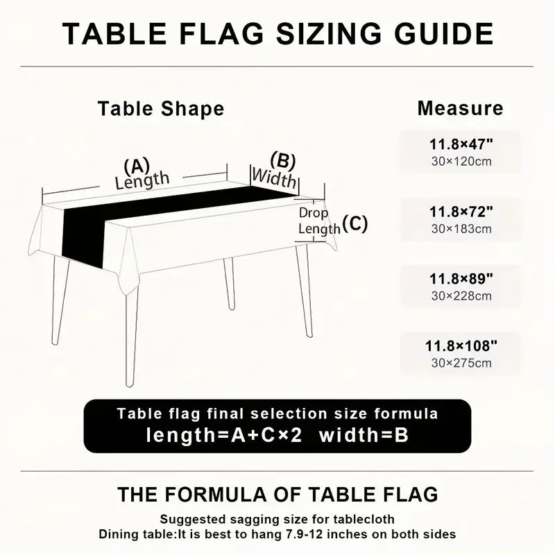A sizing guide for table flags showing dimensions and a formula for calculating flag size.