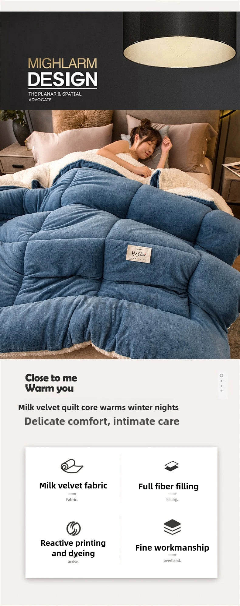 A deep blue milk velvet weighted fleece blanket is shown draped on a bed, emphasizing its delicate comfort and intimate care.