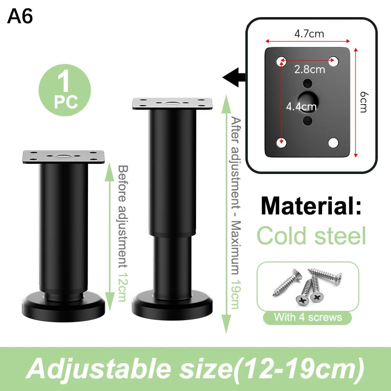 Black cold steel adjustable furniture support legs with four screws and a 12-19cm size range.