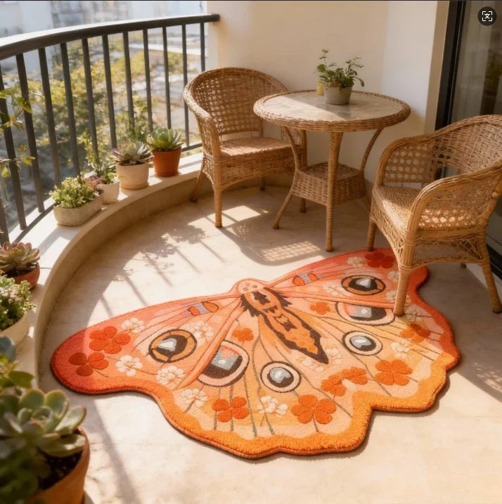 An irregular shaped plush floor rug in orange and brown tones sits on a light-colored floor near a window with wicker furnitu