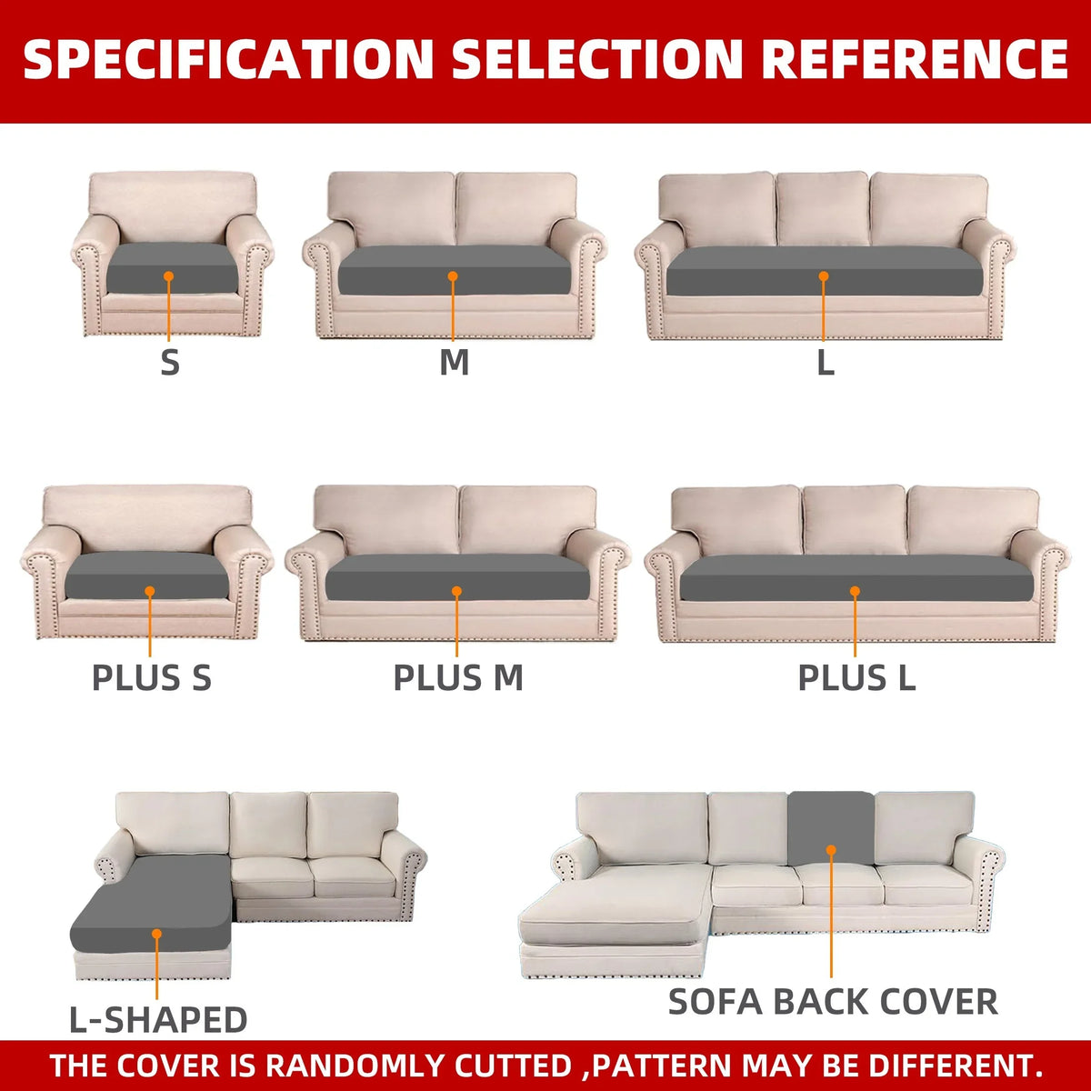 Reference guide showing sizes S, M, L and PLUS S, M, L for a sofa back cover, including an L-shaped option.