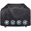 Black heavy duty waterproof BBQ grill cover with icons indicating water proof and heat resistance.