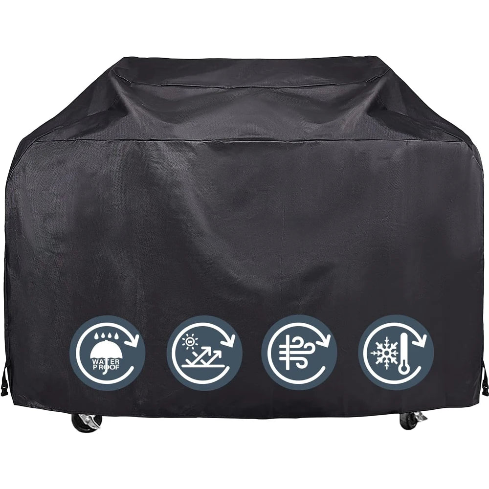 Black heavy duty waterproof BBQ grill cover with icons indicating water proof and heat resistance.