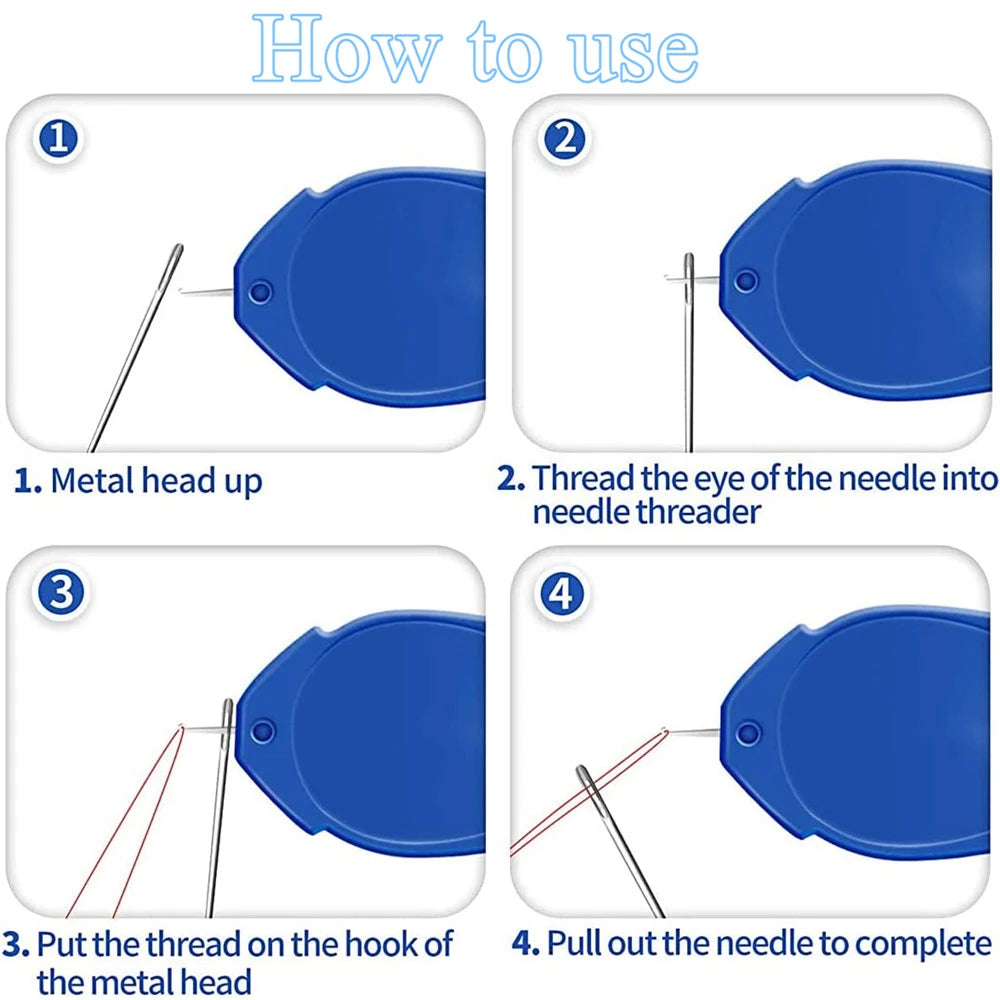 Instructions showing how to use a premium stainless steel embroidery sewing needle set for threading and pulling.