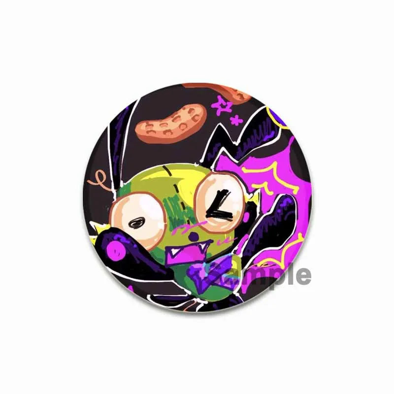 A colorful enamel pin featuring a stylized, grotesque face with large eyes and purple accents.