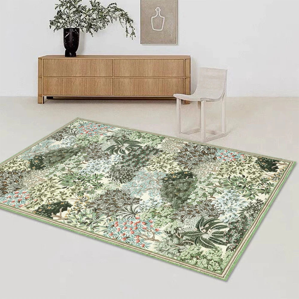 A rectangular botanical area rug featuring green and white foliage patterns in a living room setting.