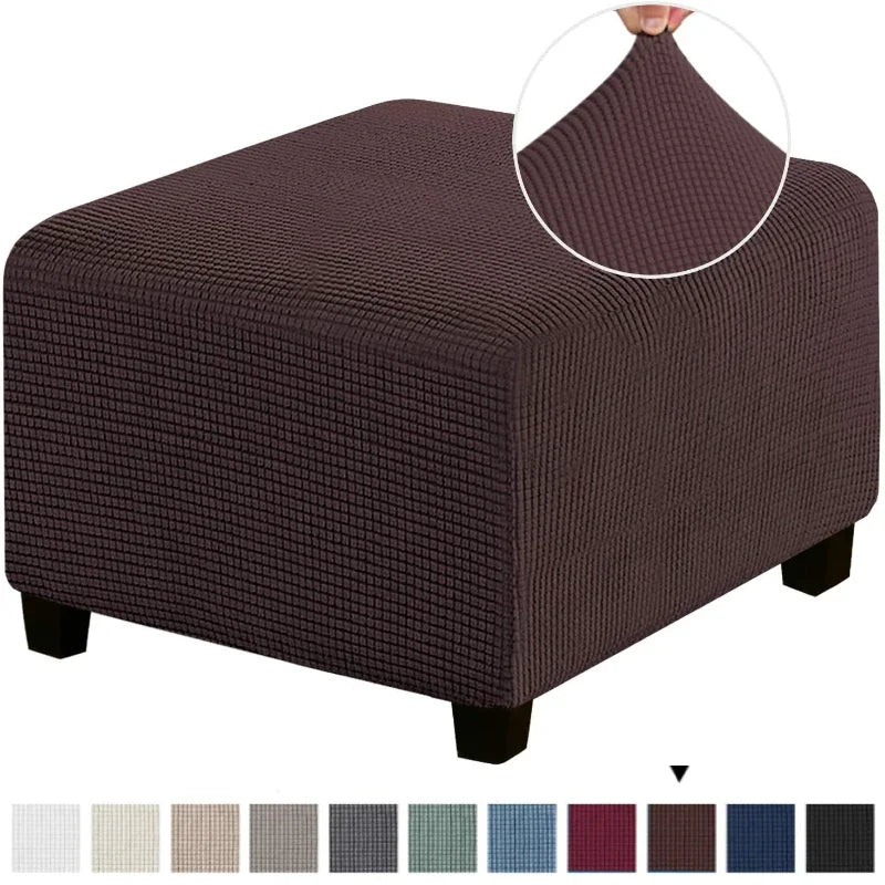 A dark brown square jacquard footrest ottoman slipcover shown from the side with a close-up of the fabric texture.