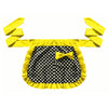 Yellow ruffle apron with pockets featuring a black polka dot fabric and a yellow bow.