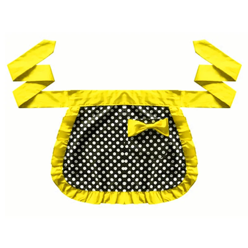 Yellow ruffle apron with pockets featuring a black polka dot fabric and a yellow bow.
