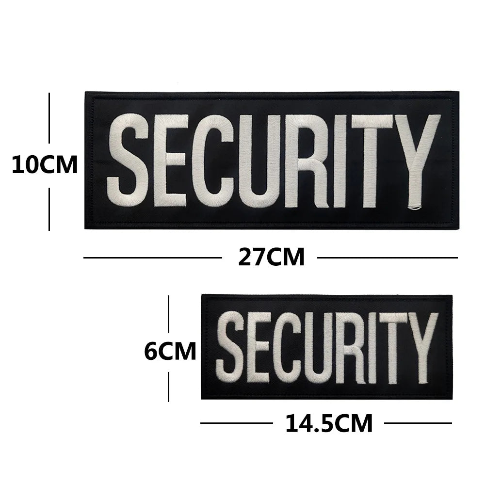 Black embroidered security patch with the word SECURITY in silver thread, shown at two different sizes.