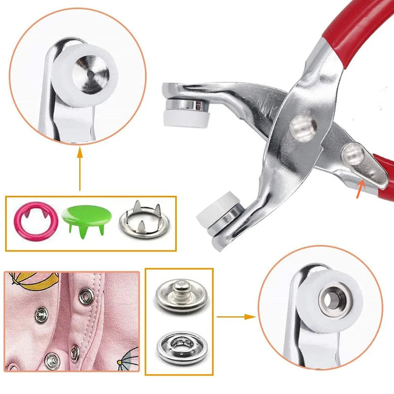 A precision snap button kit showing various metal and plastic components for DIY sewing and crafts.
