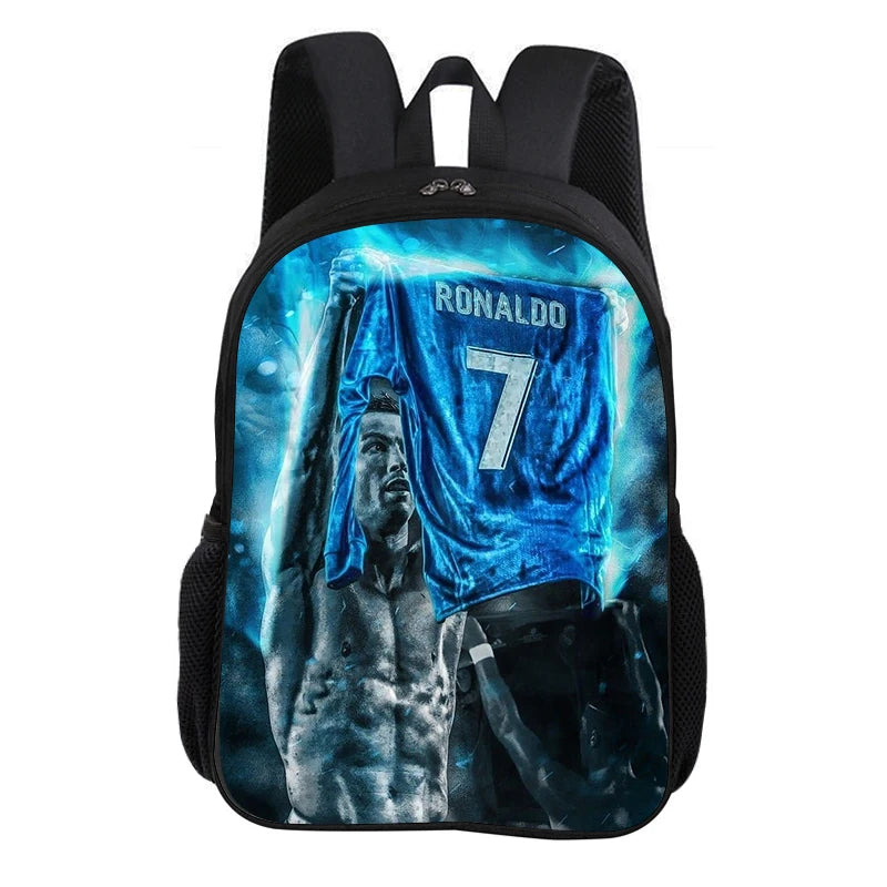 A blue and black sports backpack featuring a graphic of Ronaldo wearing a number 7 jersey.