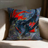 A dark blue and black anime style monster print pillow cover featuring red accents and stylized scales.