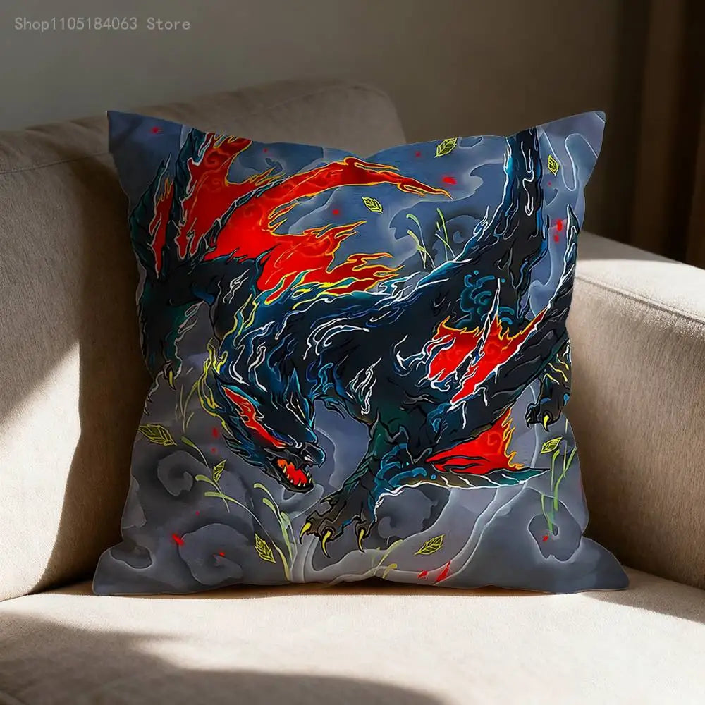 A dark blue and black anime style monster print pillow cover featuring red accents and stylized scales.