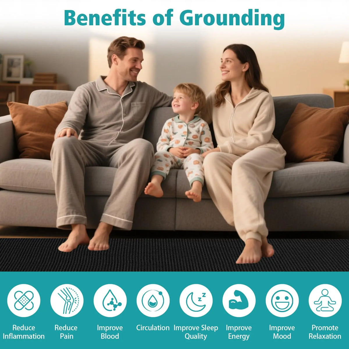 A man and a woman sitting on a couch enjoying a moment, illustrating the benefits of grounding.