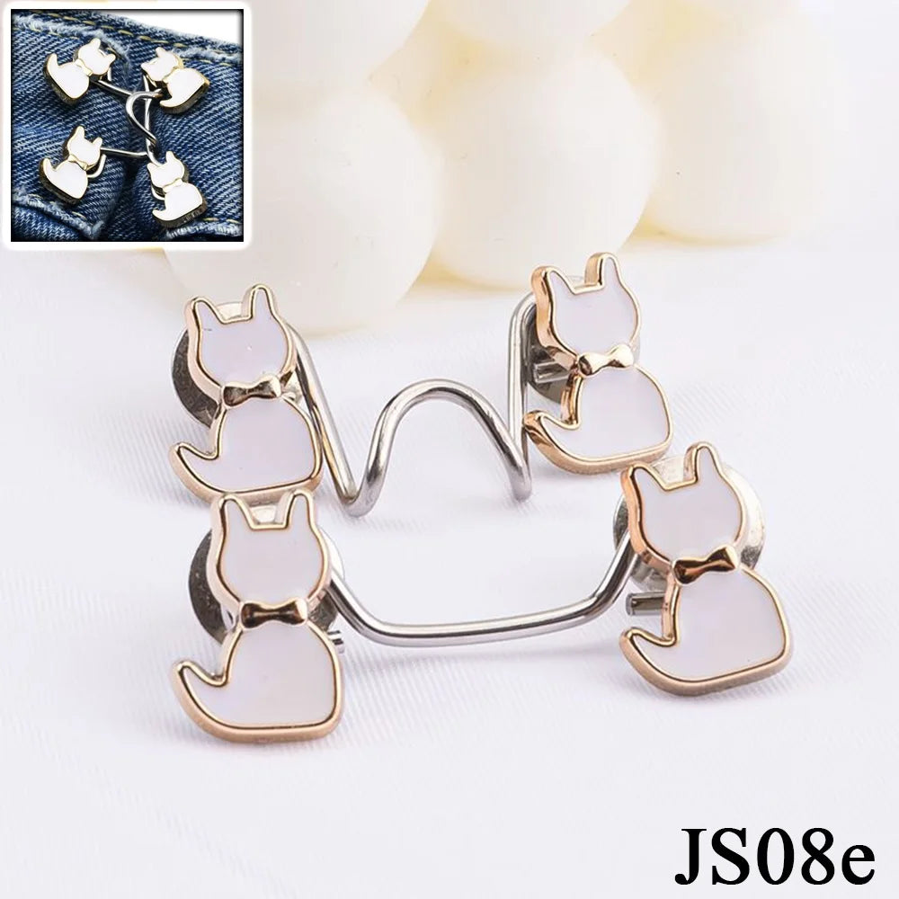 Silver alloy button clips shaped like cats used for adjusting jeans waist tightness