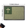 A rectangular embroidered patch featuring a cross symbol on a green flag background.