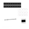 A set of black belt guides, a silver needle, and white adhesive pads for an invisible self-adjusting belt tightener.