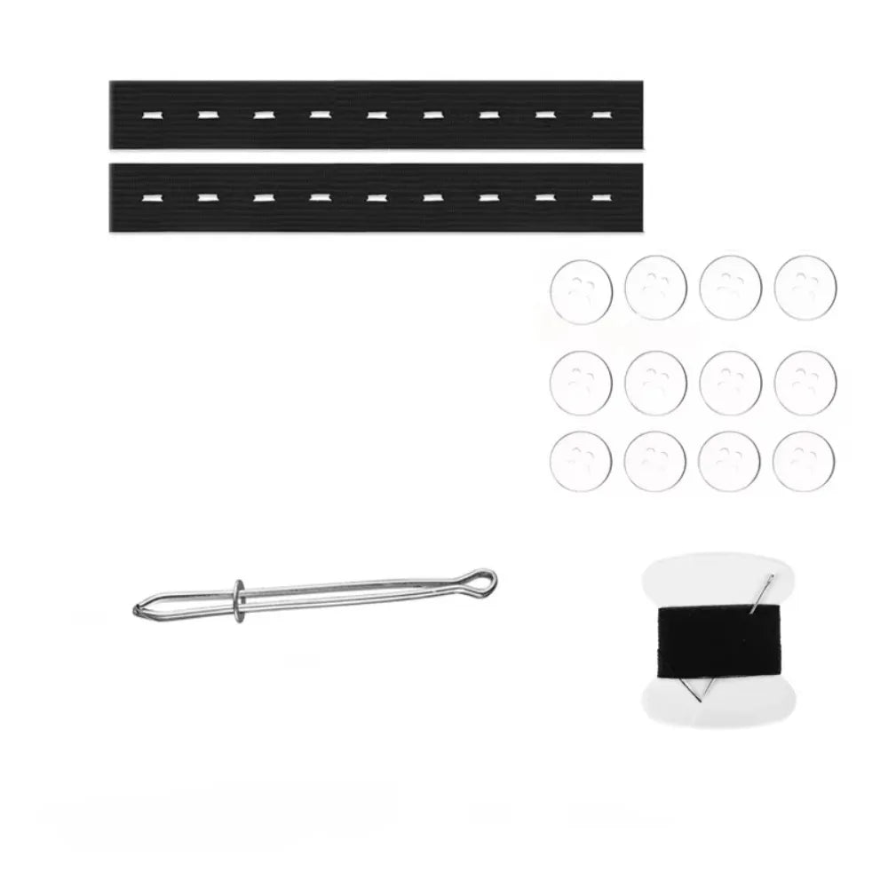 A set of black belt guides, a silver needle, and white adhesive pads for an invisible self-adjusting belt tightener.