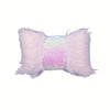 A pink sequin fur cushion cover with fluffy texture.