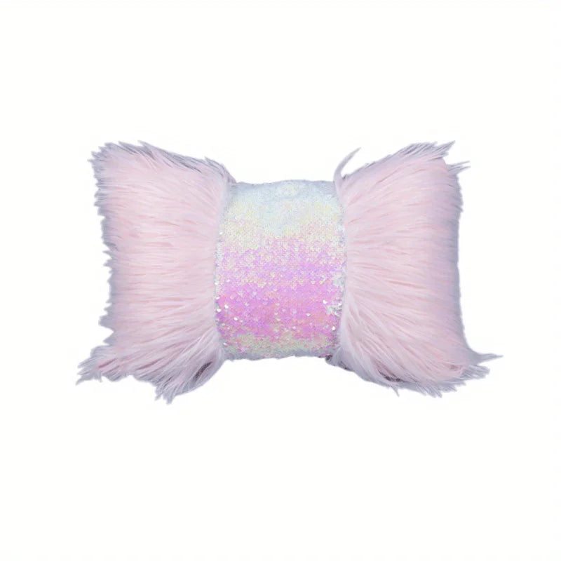 A pink sequin fur cushion cover with fluffy texture.