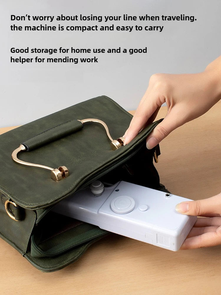 A hand sewing machine is shown being taken out of a dark green pouch for travel or storage.