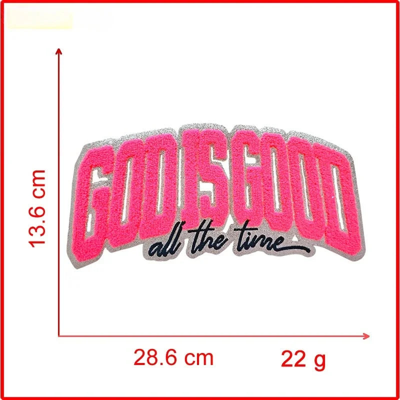 Pink embroidery patch with the text GODISGOOD all the time on a white background