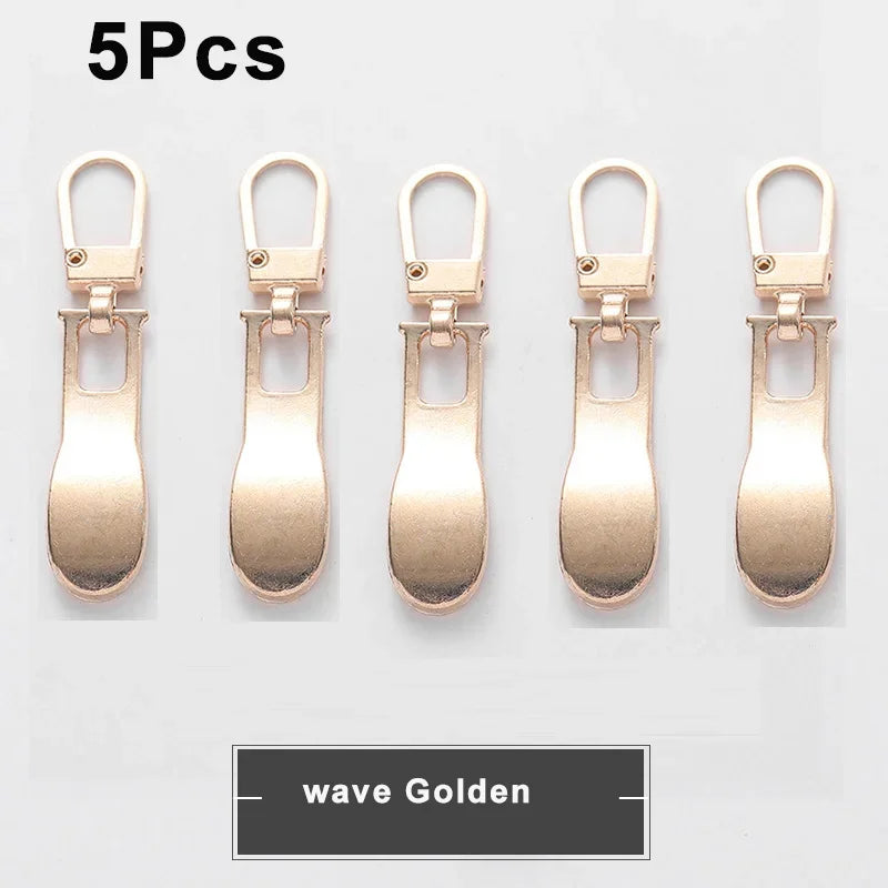 Five gold wave metal zipper pulls for bags and luggage