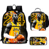 A set of three black multi-compartment backpacks featuring Los Angeles Lakers basketball player graphics.