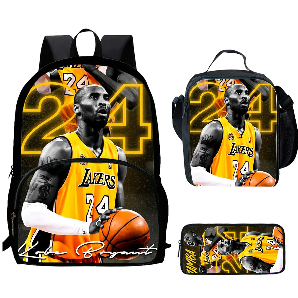 A set of three black multi-compartment backpacks featuring Los Angeles Lakers basketball player graphics.