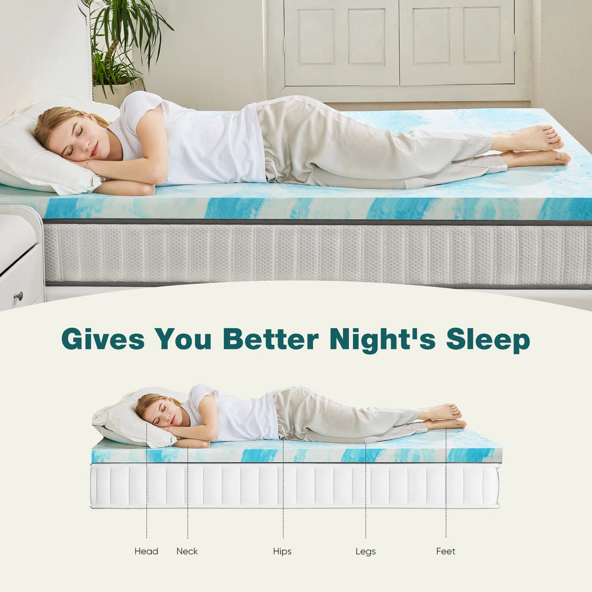 A person sleeping comfortably on a light blue memory foam mattress topper, illustrating better night's sleep.