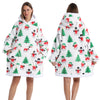 A white patchwork fleece hoodie with a festive reindeer and Christmas tree pattern shown from the front and back.