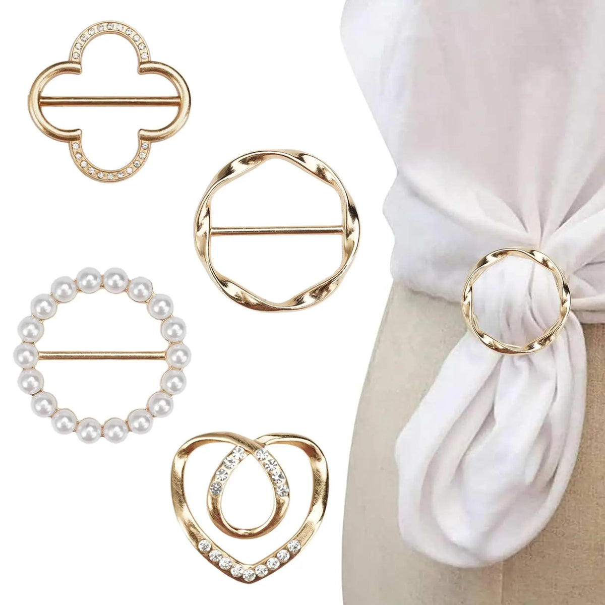 A collection of elegant gold-toned metal ring clips and loops for clothing and accessories.