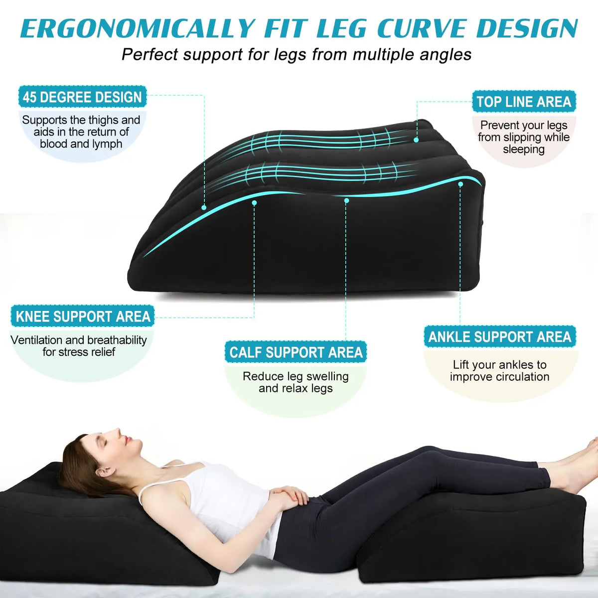 Black inflatable leg elevation wedge pillow designed for ergonomic fit and support for legs.