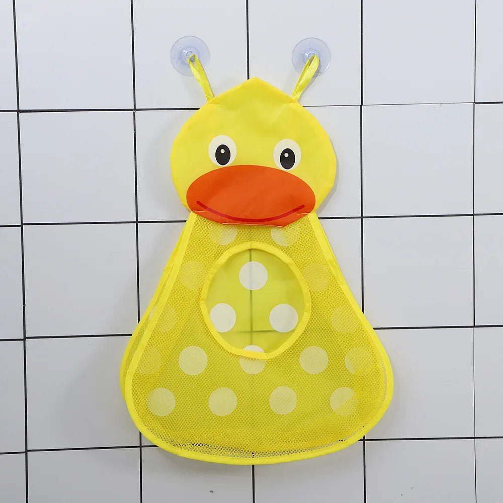 Yellow cartoon duck mesh bath toy organizer with adhesive hooks