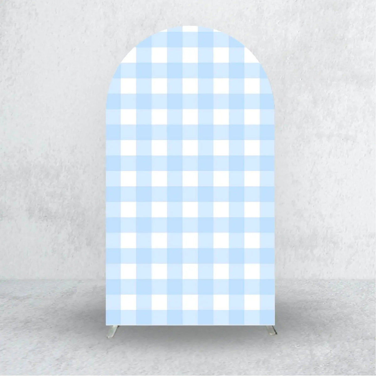 A light blue and white gingham patterned fabric arch backdrop cover for events.